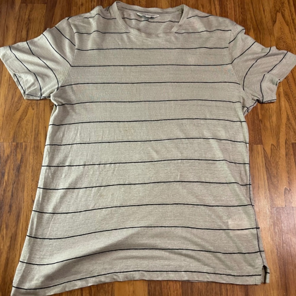 Club Monaco Linen T Shirt Mens Medium Striped Short Sleeve Crew Neck Beige Black